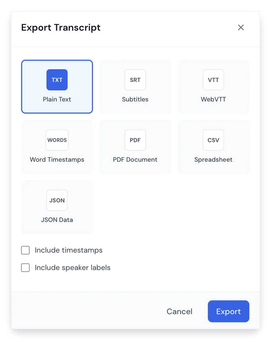 Exportformat-Optionen für Transkripte
