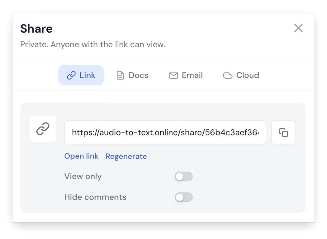 URL-Freigabemodal für Transkripte