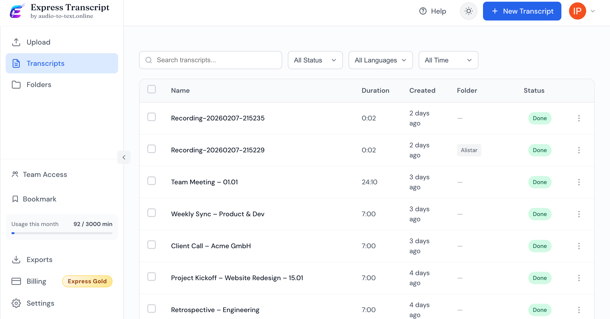 audio-to-text.online dashboard and plan pricing screenshot