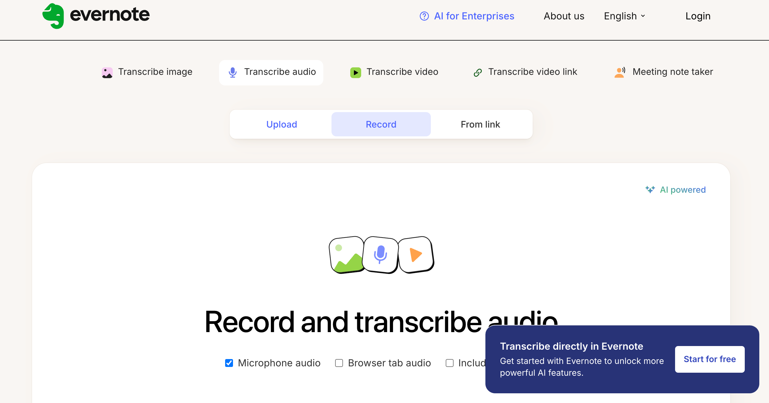 Evernote transcription interface screenshot