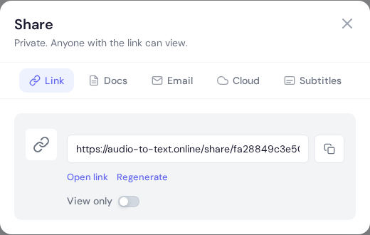Share link tab with generated transcript link