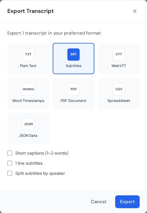 SRT export selected with subtitle-specific options